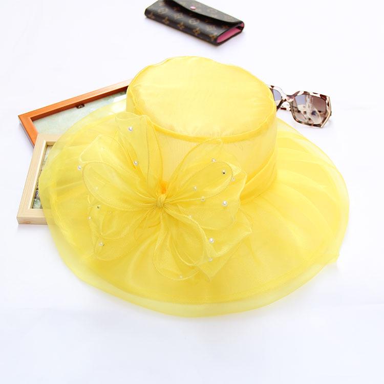 New Retro Wedding Hat Pearl Mesh Flower Top Hat Double Organza Sunshade Big Eaves Hat Sun Hat Women