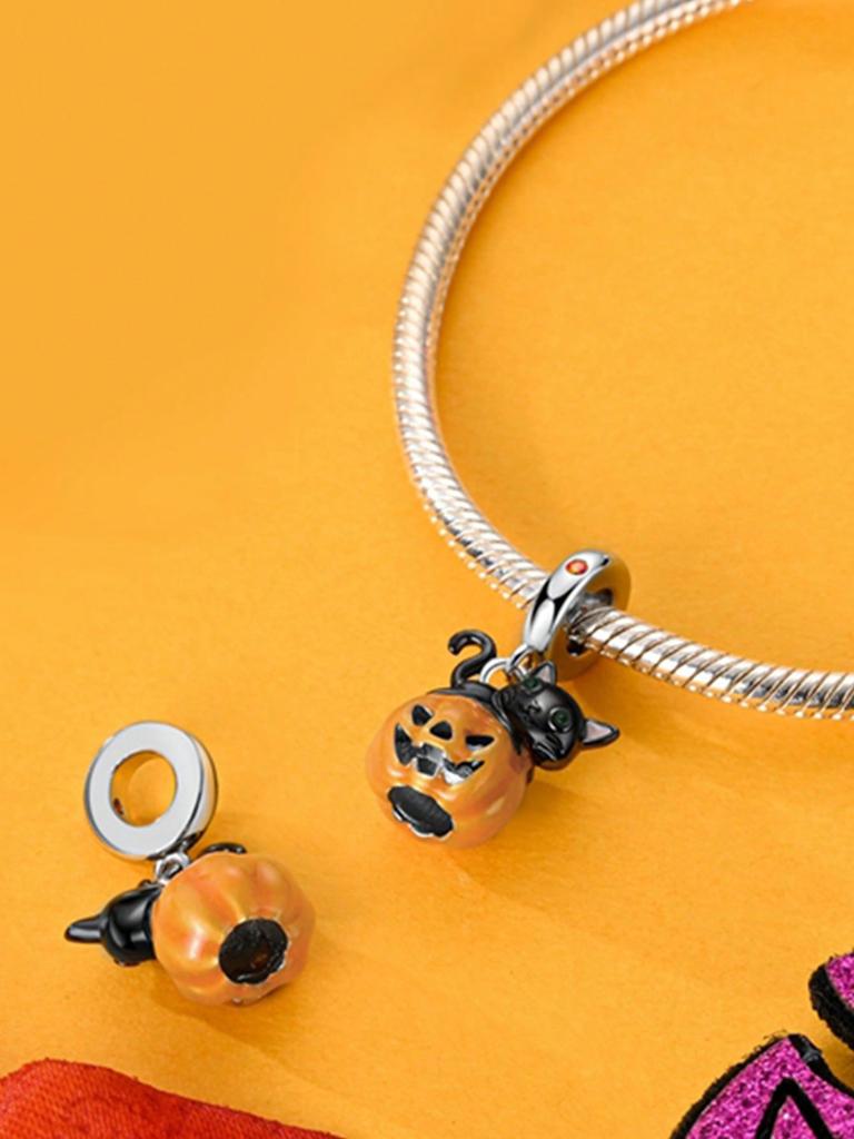Charms Plata Copper Colors Halloween Black Cat Pumpkin Beads Charm Pendant For Original Bracelet For Women Diy Jewelry Love Gift
