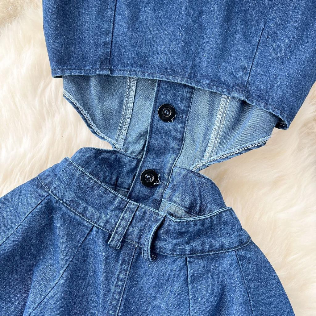 Chic Hong Kong style retro denim dress women's design sense breasted hollow slim fit medium and long split knee skirt