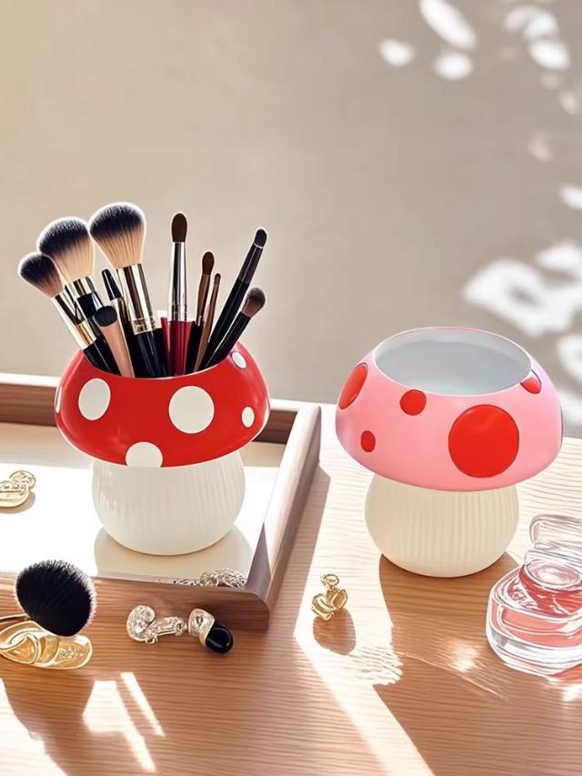 Mushroom Shaped Resin Flower Pot with Polka Dots for Home Decor - Cute Indoor Plant Pot, Brush Holder, or Office Organizer