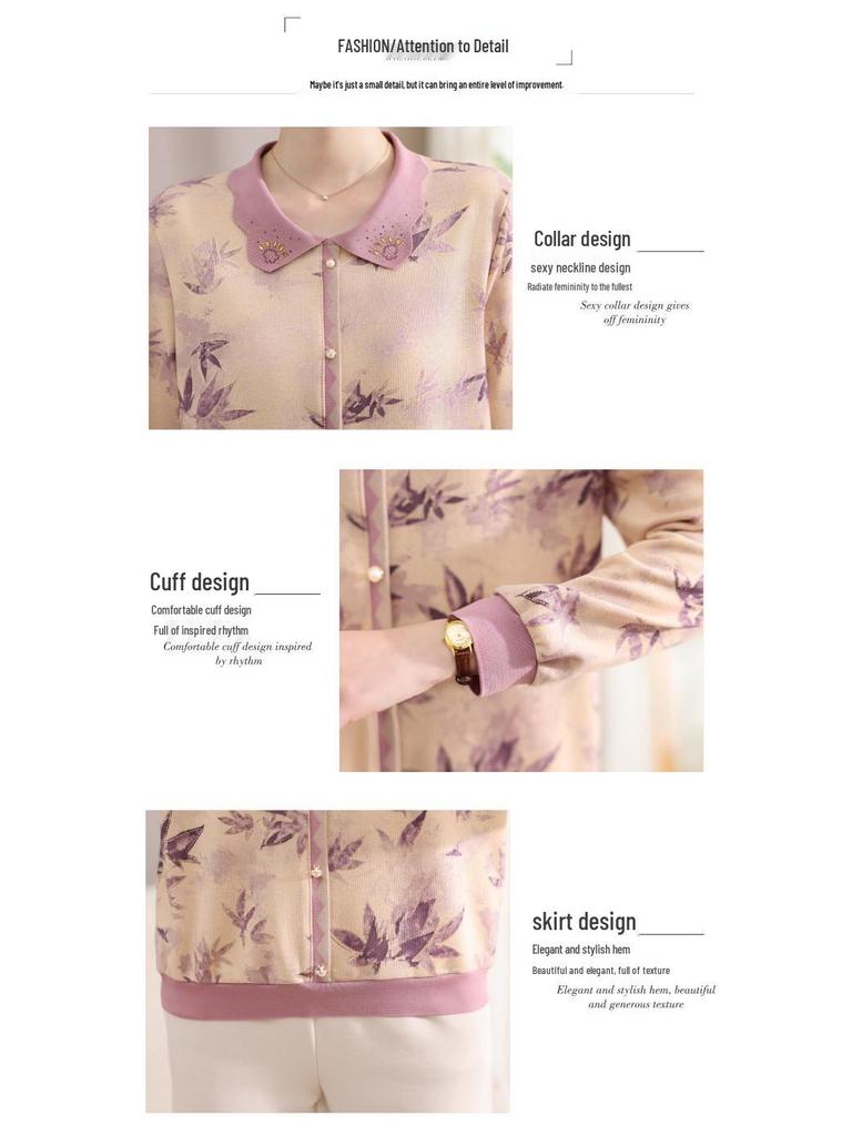 Elegant Floral Long-Sleeve T-Shirt for Middle-Aged & Elderly Women - New Chinese Style Top
