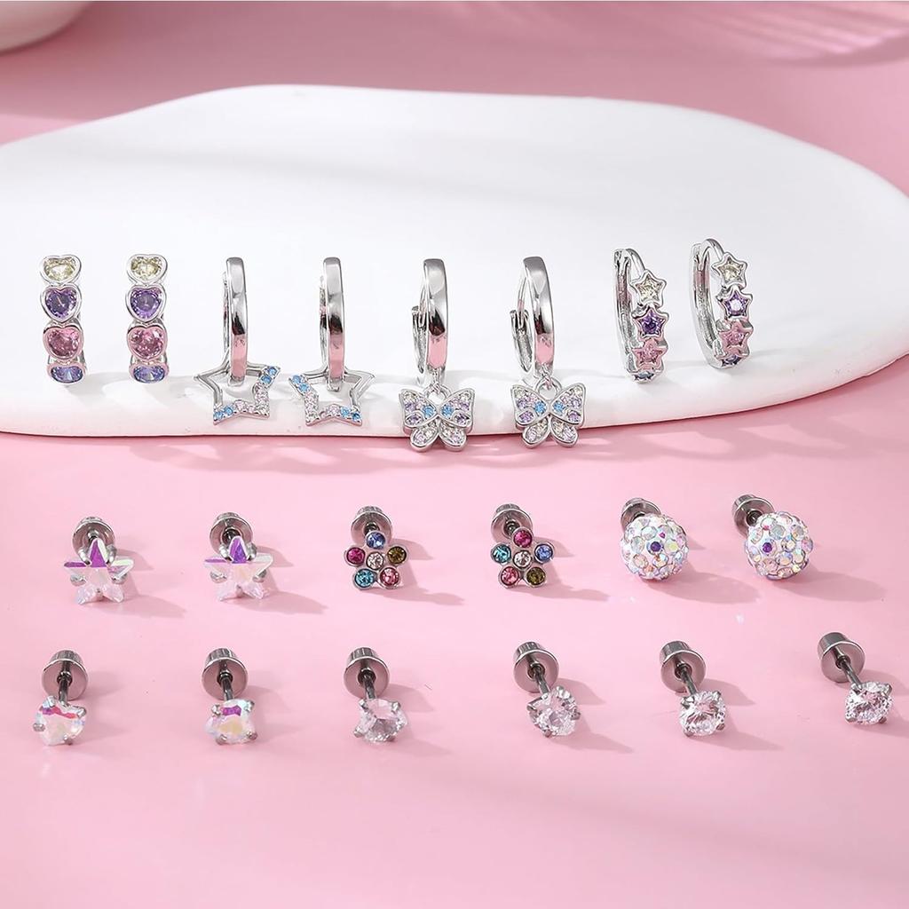 Bobisty 10Pairs Hypoallergenic Earrings Sets for Women Surgical Steel Screw Back Stud Small Hoops Earrings Cute Earrings Jewel