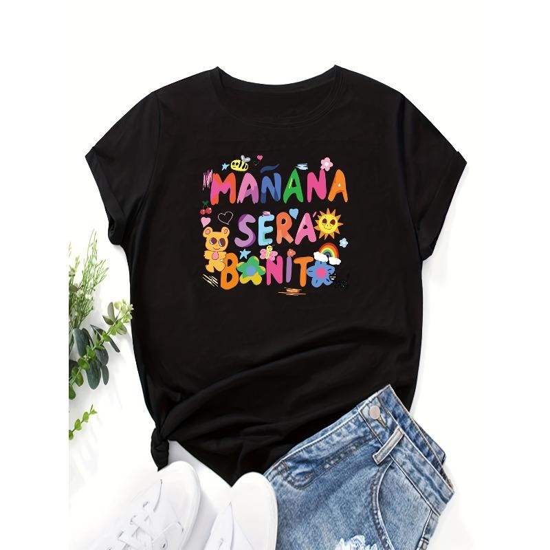 European Size European Size Carnaval Cartoon & Letter Casual T-Shirt, Crew Neck Short Sleeves Slight Stretch Sports Tee, Women's Activewear