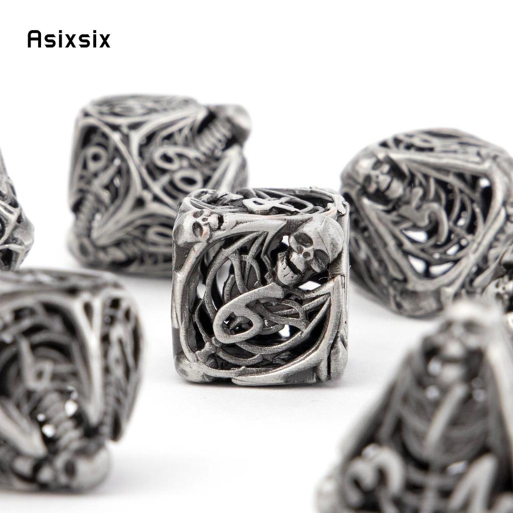 7 stk Sølv Hodeskalle Metallterninger Hule Metall Polyedriske Terninger Sett Egnet for Rollespill RPG Brettspill Kortspill
