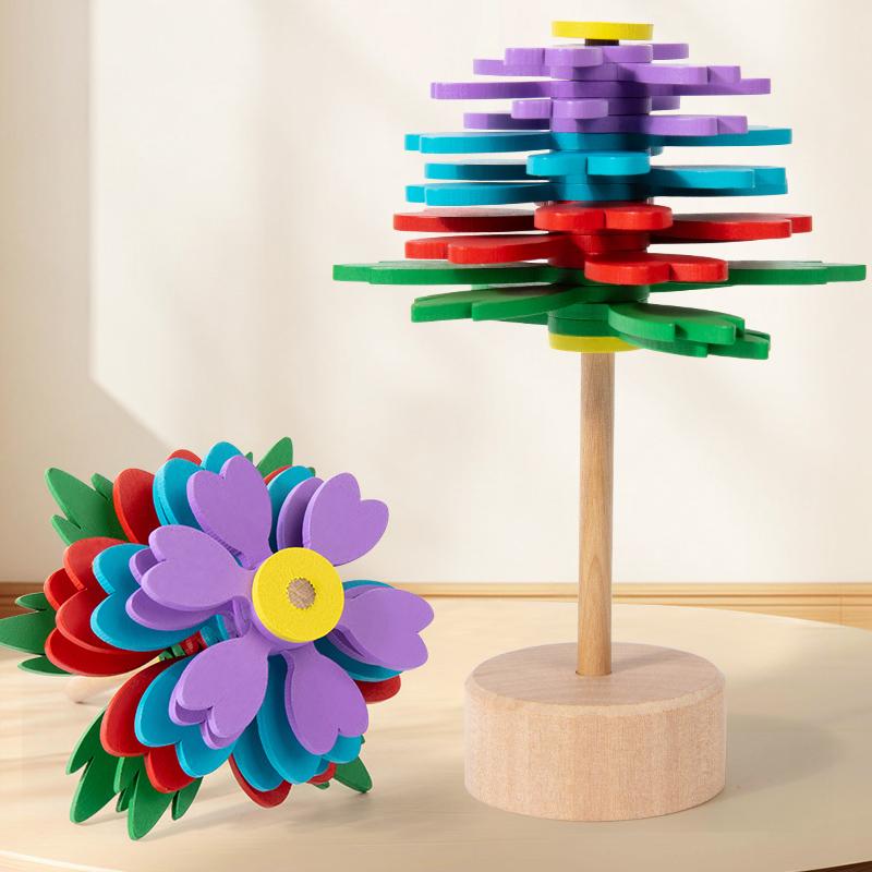Wooden Rotating Stick Spiral Flower Decompression Stick Wooden Rotating Fun Puzzle Stress Relieving Toy Ornament Spiral Tree