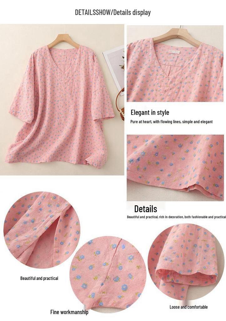 Summer Retro Floral Linen Pullover - Artistic Fresh Five-Sleeve Top