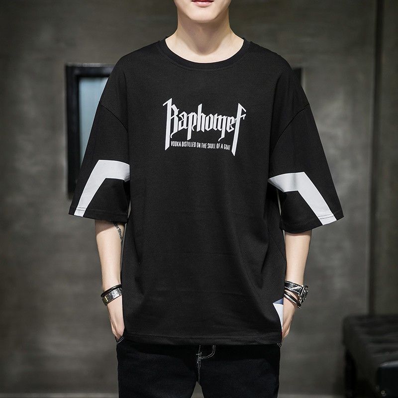 

Летняя футболка больших размеров с коротким рукавом, мужская свободная мужская повседневная футболка с половиной рукава M чёрный