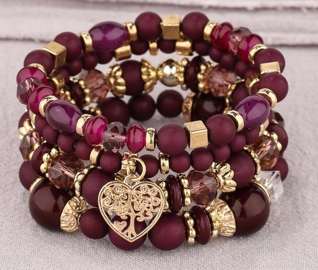 Boho Multi-layer Beaded Bracelet with Heart, Tree of Life, and Crystal Pendants