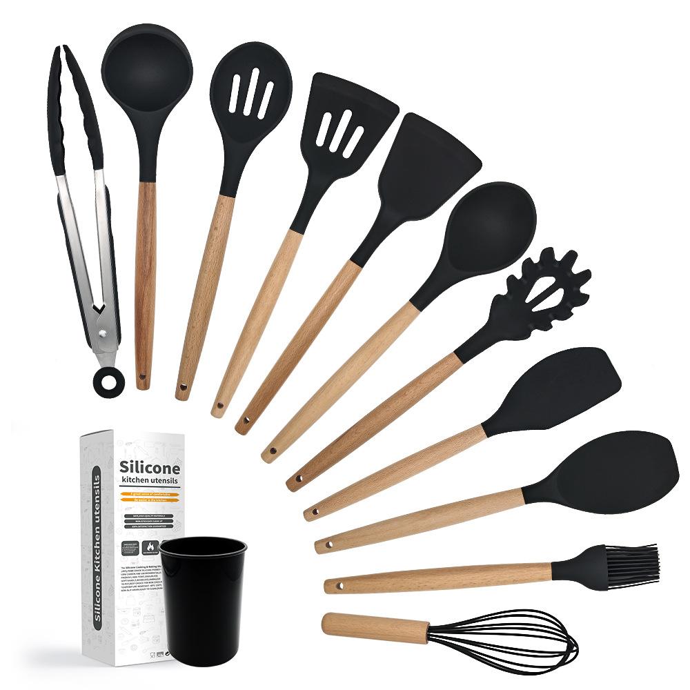 12-Piece Non-Stick Silicone Kitchenware Set with Wooden Handles 12- Piece Utensils Set for Cooking (Black,M)