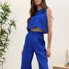 1116 summer new solid color sleeveless vest top trousers European and American fashion women's clothing two-piece set cotton and linen suit women