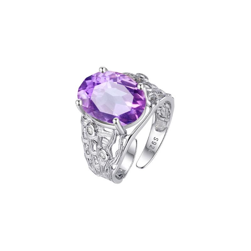 S925 sterling silver ring women's inlaid natural crystal stone topaz retro court style light luxury adjustable hand jewelry