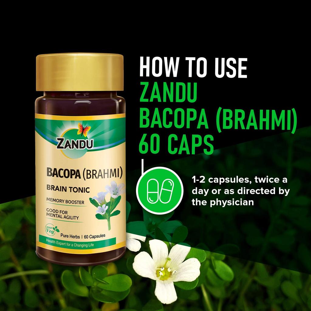 Zandu Bacopa Brahmi Capsules 60 Veg Ayurvedic Herbal Supplement for Focus, Concentration & Mental Clarity