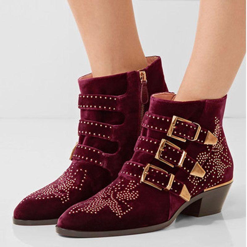 Fashion Brand Catwalk Rivet Cow Leather Short Boots Autumn Winter Retro Large35-45 Ankle Boots4cm Thick Heel Rock Night Club Women Shoes