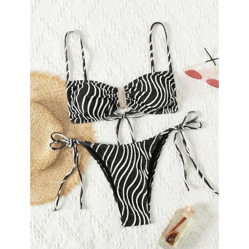 

Женский раздельный купальник-бикини в тропическом стиле, Треугольный купальник-бикини на завязках, Сексуальный купальник в богемном стиле S чёрный