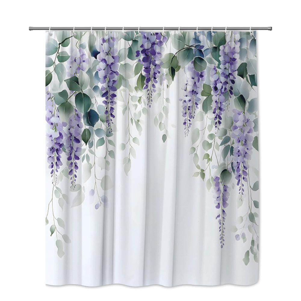 Purple Wisteria Shower Curtain Hanging Flowers Green Leaves Romantic Garden Design Elegant Bathroom Decor Waterproof Non-Toxic