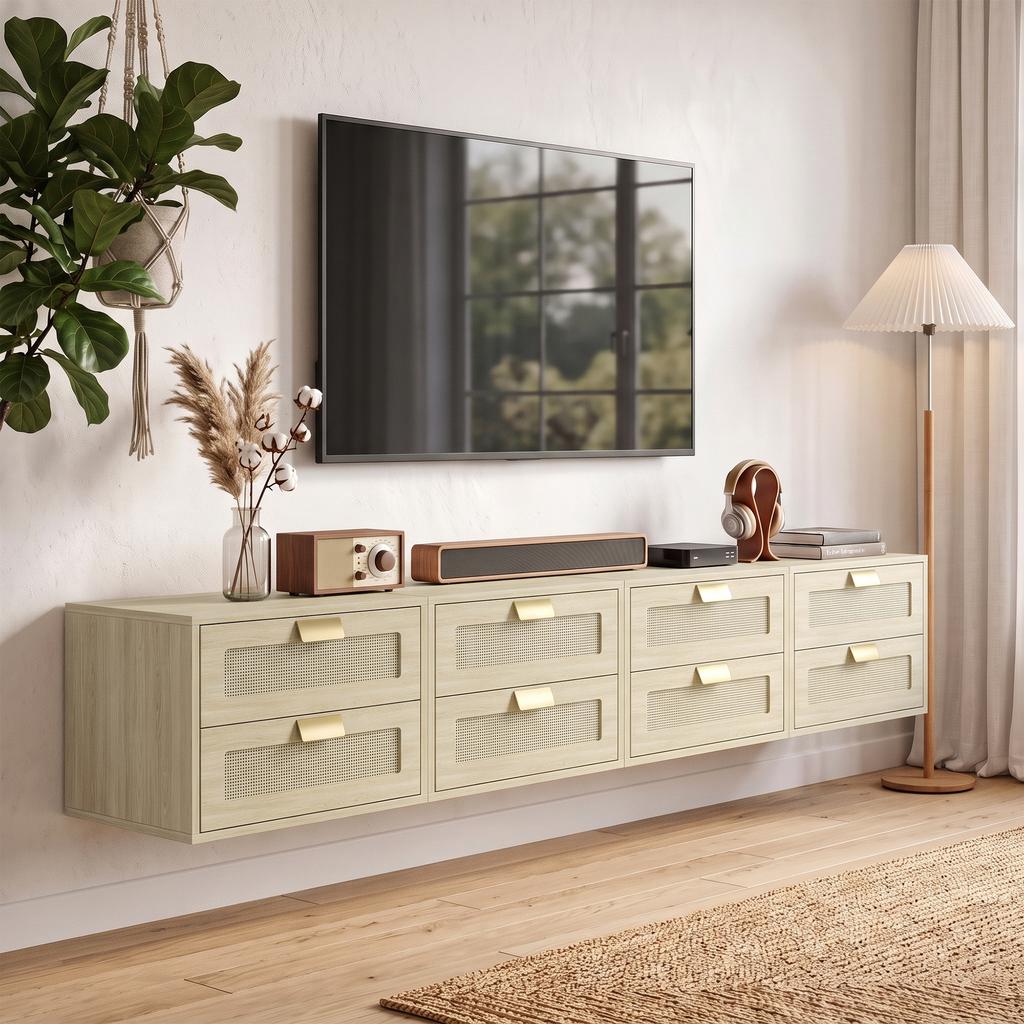 Modern Floating Nightstands Set of 2, Wall Mounted Bedside Tables with 2 Drawers, Oak