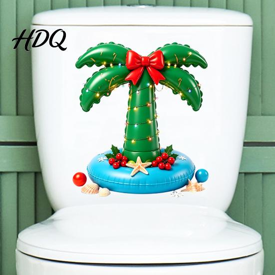 Durable PVC Holiday Stickers Christmas Toilet Lid Decal Tropical Coconut Tree Bathroom Stickers Island Easy Apply Decals Style Restroom Mural