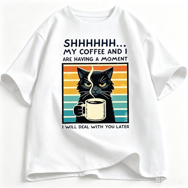 Funny Coffee Cat Print Tshirt For Unisex Simple Versatile Summer Black White Casual Short Sleeve Tee