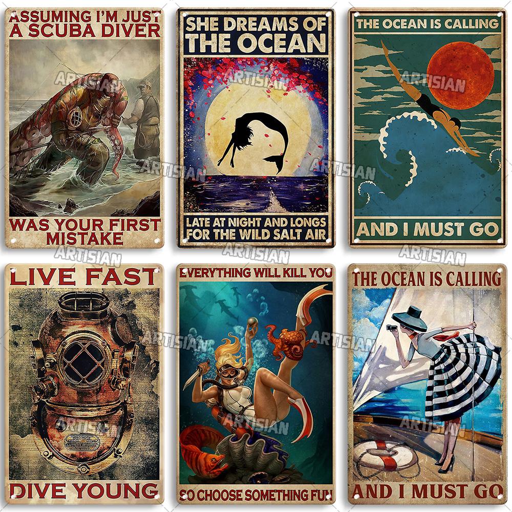 Artisian Swimming Metal Poster Diving Tin Sign Sport Decorative Plaque Ocean Wall Decor Garage Bar Pub Club Hotel Cafe Kitchen