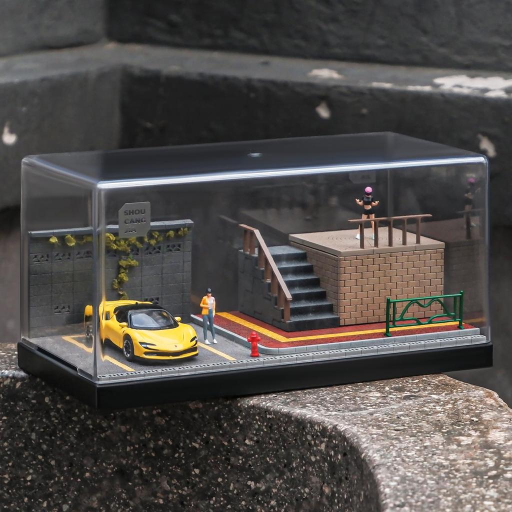 Shoucangjia Display Case for Tomica, Hot Wheels, Matchbox Cars 1:64 Scale Model Garage with Dust Cover, Street Fence Scene Diorama Parking Showcase