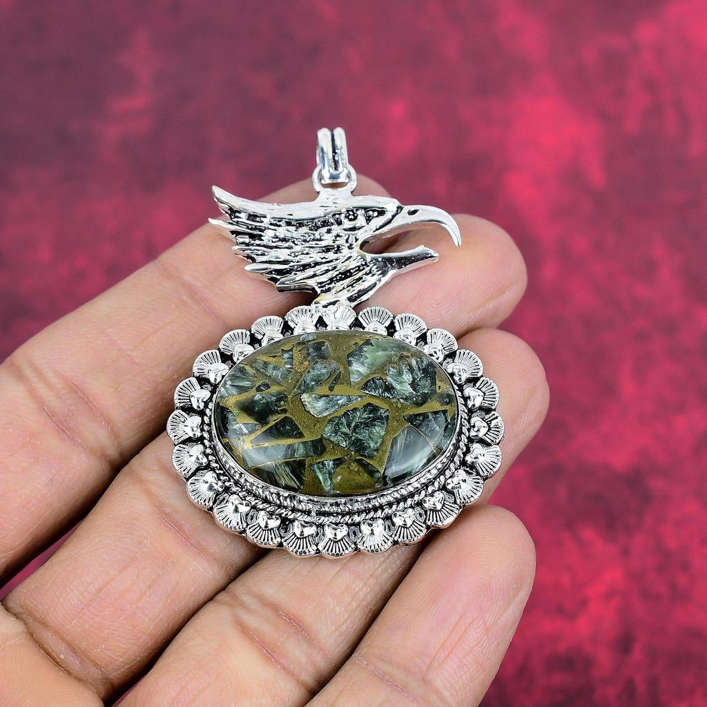 Copper Seraphinite Pendant, 925 Solid Sterling Silver Gemstone Jewelry, Handmade Pendant, For Thanksgiving