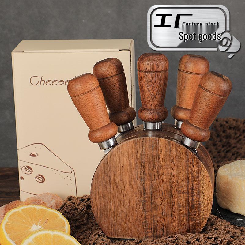Acacia Wood Cheese Knife Set: Stainless Steel Knife, Fork, and Spatula with Storage Base