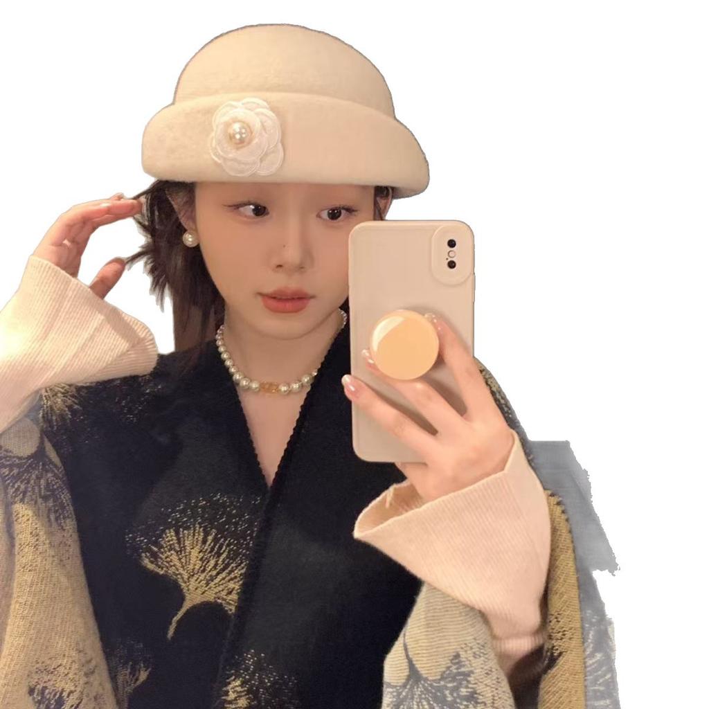 French Wool White Top Hat for Women In Autumn and Winter Hepburn Style Elegant Pearl Gold Hat Women's Beret Makes The Face Smaller