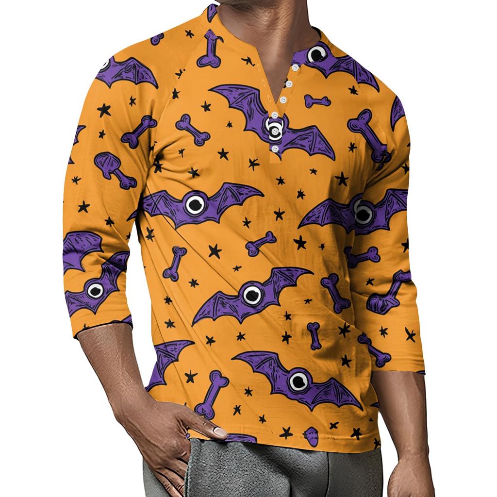 Men's Button-Down Contrast Raglan 3/4 Sleeve Top