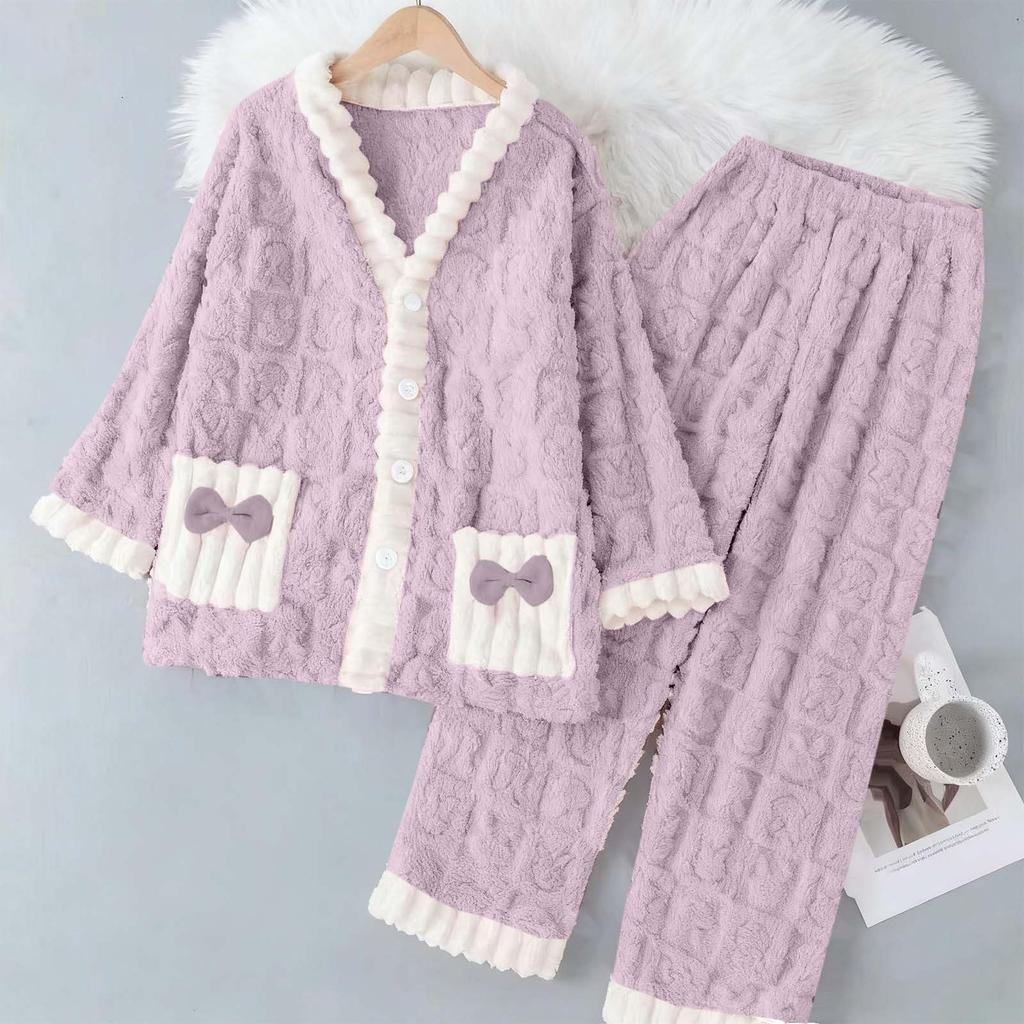 Damen Langarm Flanell Verdickt Warm Hausanzug Strickjacke Set für Oberbekleidung