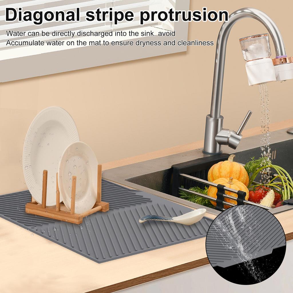 Kitchen Dish Drying Silicone Mat Raised Stripes Outlet Design Countertop Sink Draining Pad Non-slip Tableware Insulating Mat