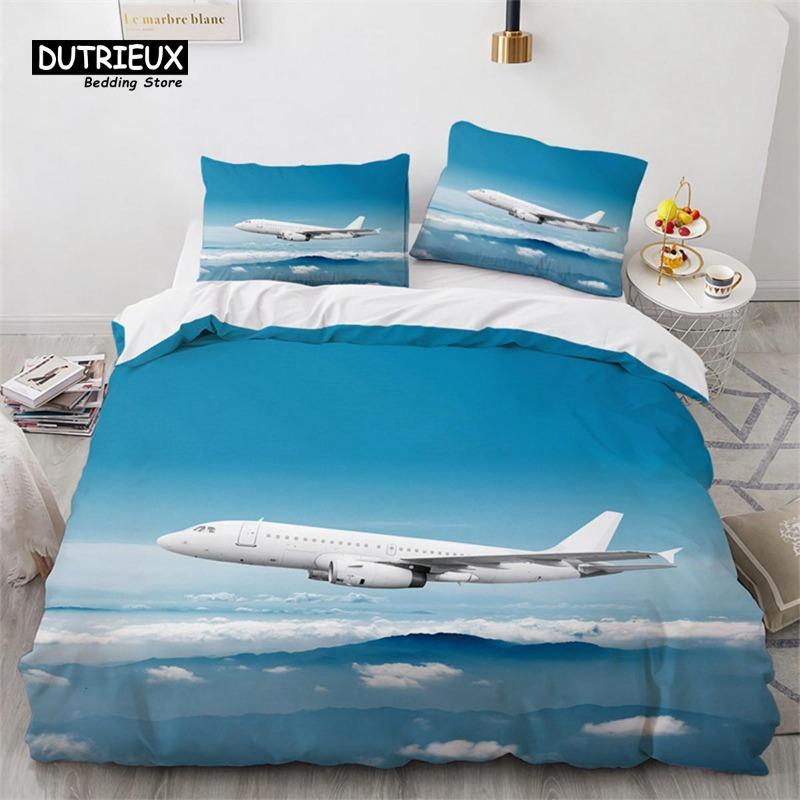 Boys Airplane Duvet Cover King Queen Polyester Aviation Aircraft Runway Bedding Set Sky Scenery Bedspread Cover with Pillowcase Gift