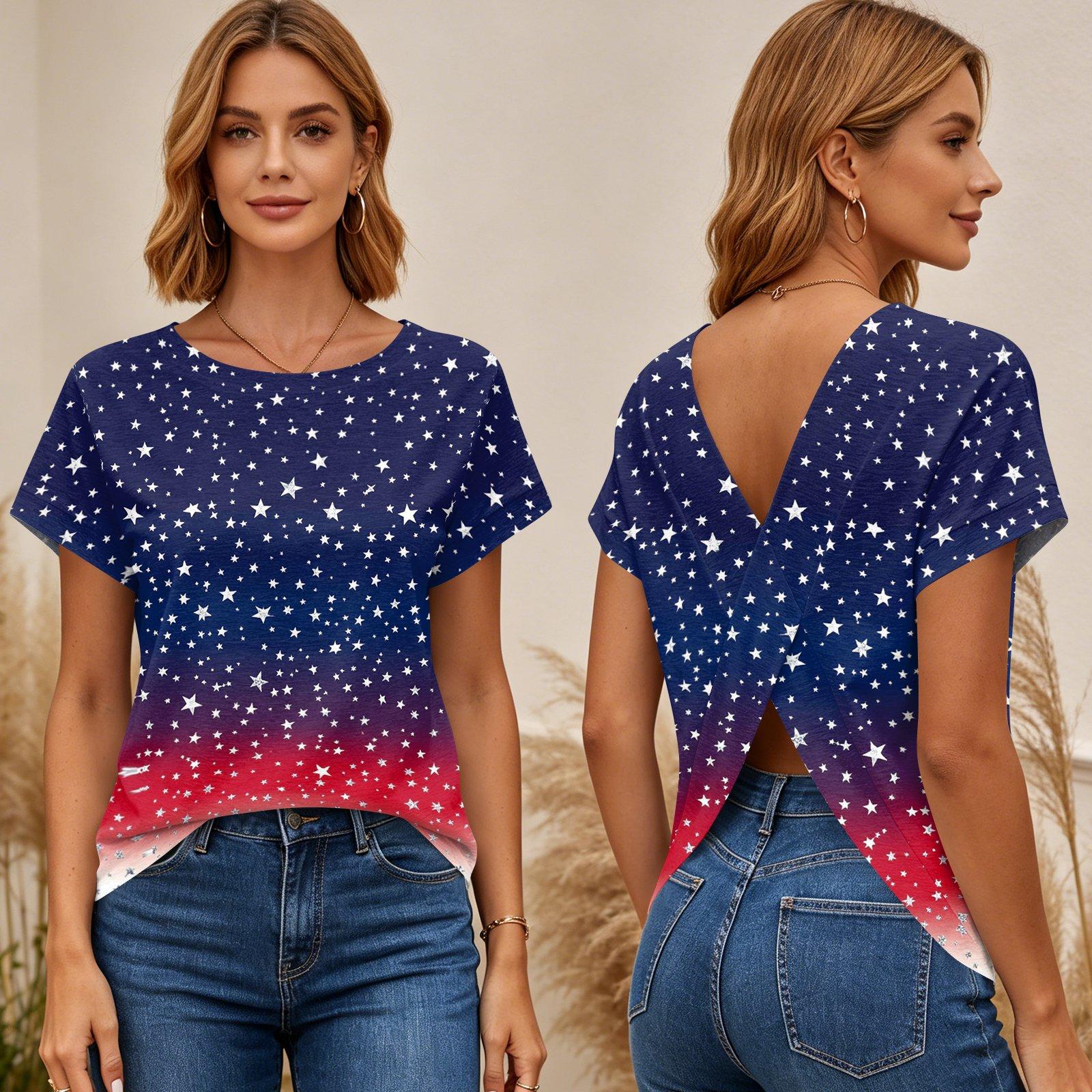 

Women s Short Sleeve Top Cross Back T-Shirt Floral Print Lightweight Casual Blouse Summer Shirt S
