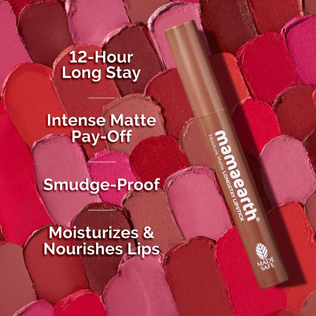 Mamaearth Moisture Matte Longstay Lipstick 2 G Pack of 1 - 12 Hour Smudge-Proof Hydrating Lip Color Cinnamon Nude