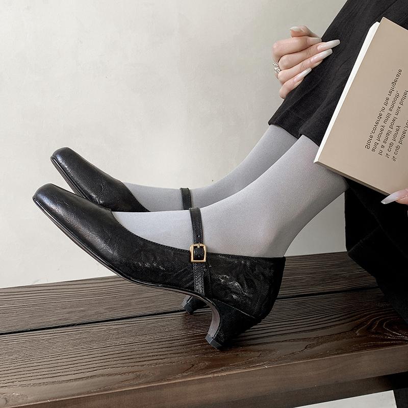 

Fashion 2025 NEW Spring Women Pumps Round Toe Med Heel Shoes Genuine Leather Shoes for Women Buckle Strap Mary Janes Ladies Shoes 34 чёрный