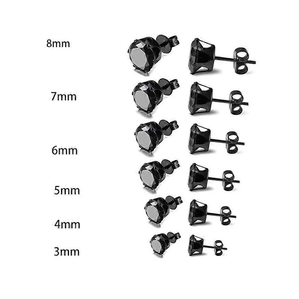 Stainless Steel Mens Womens Stud Earrings Black and Silver Round Cubic Zirconia Inlay, 12 Pairs 3mm - 8mm