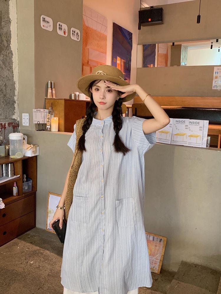 Women's Blue Striped Short-Sleeve Loose A-Line Shirt Dress, Summer 2024 Korean Style