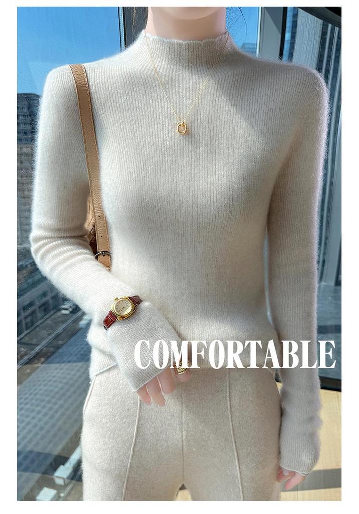 Women's Slimming Pure Wool Lace Half-High Collar Sweater - Ready-to-Wear Knit Pullover Base Layer