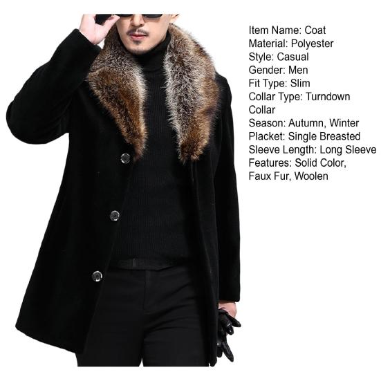 Men Woolen Coat Faux Fur Collar Solid Color Single-breasted Slim Fit Coldproof Top Outwear Autumn Winter Windbreaker Jacket for Daily Wear