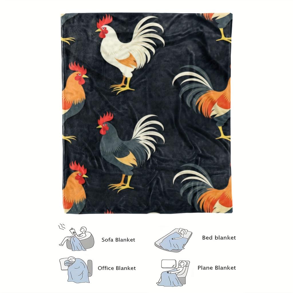 Chicken-Themed Flannel Blanket - Soft, Breathable Polyester with Vibrant Rooster & Hen Design, Perfect for All Seasons,