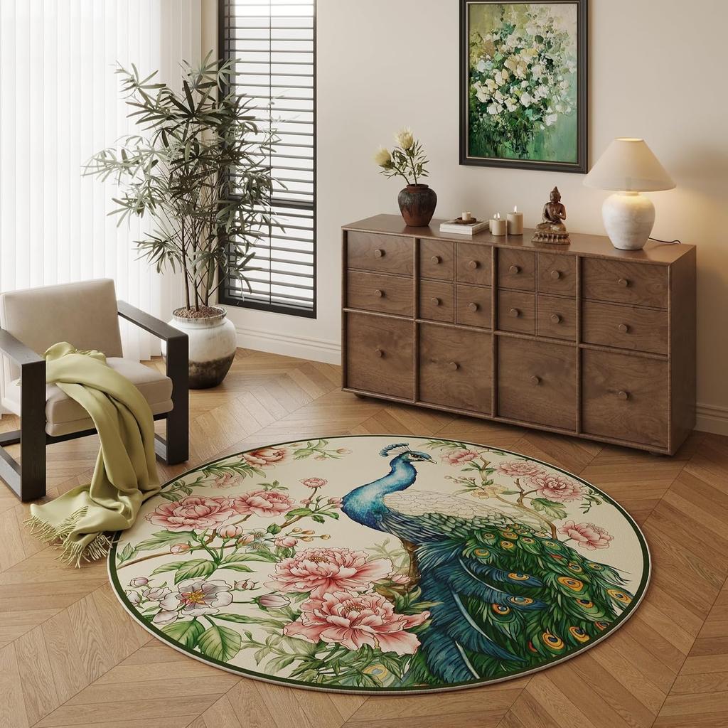 Peacock Circular Carpet High-end and Light Luxury Rug Living Room Bedroom Winter Warmth Anti Slip Mat Home Decoration
