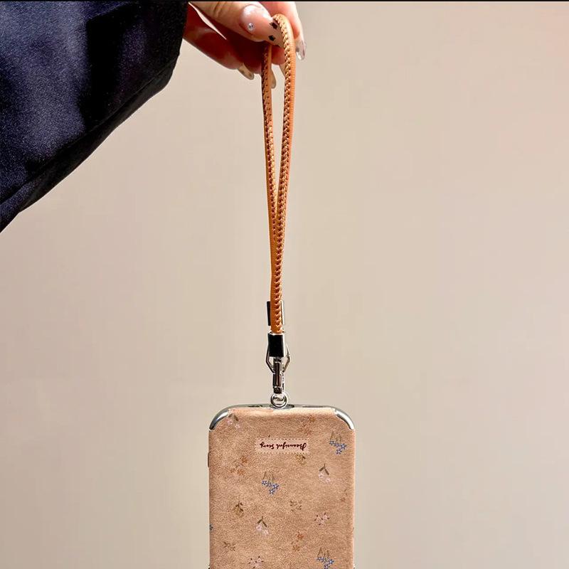 Autumn and Winter Brown Leather Small Floral Suitable for IPhone17promax Mobile Phone Case 15 14 Anti Fall 13 Lanyard