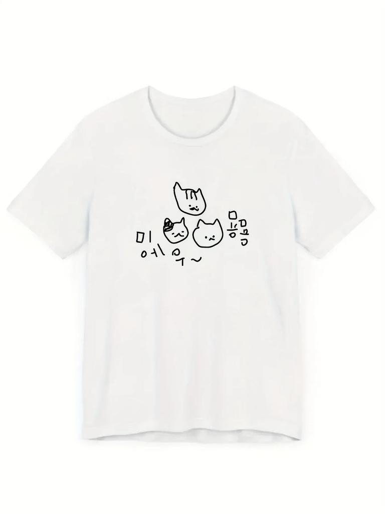Style Black Cute Cartoon Cat Korean Text Print Short Sleeve TShirt Unisex Oversized Comfortable Couples Streetwear Clothing
