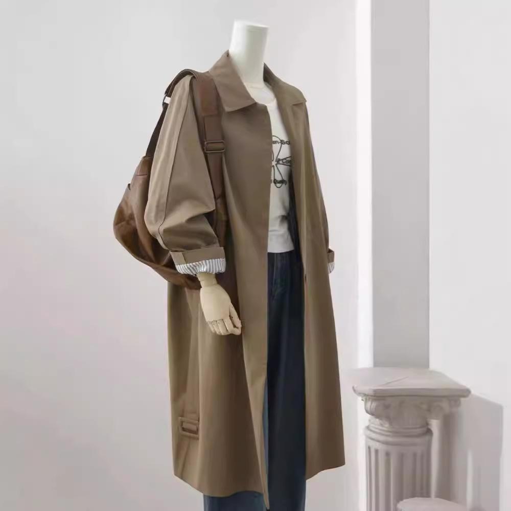 Women's Dark Khaki Long Windbreaker Women's Autumn New Single Breasted Jacket