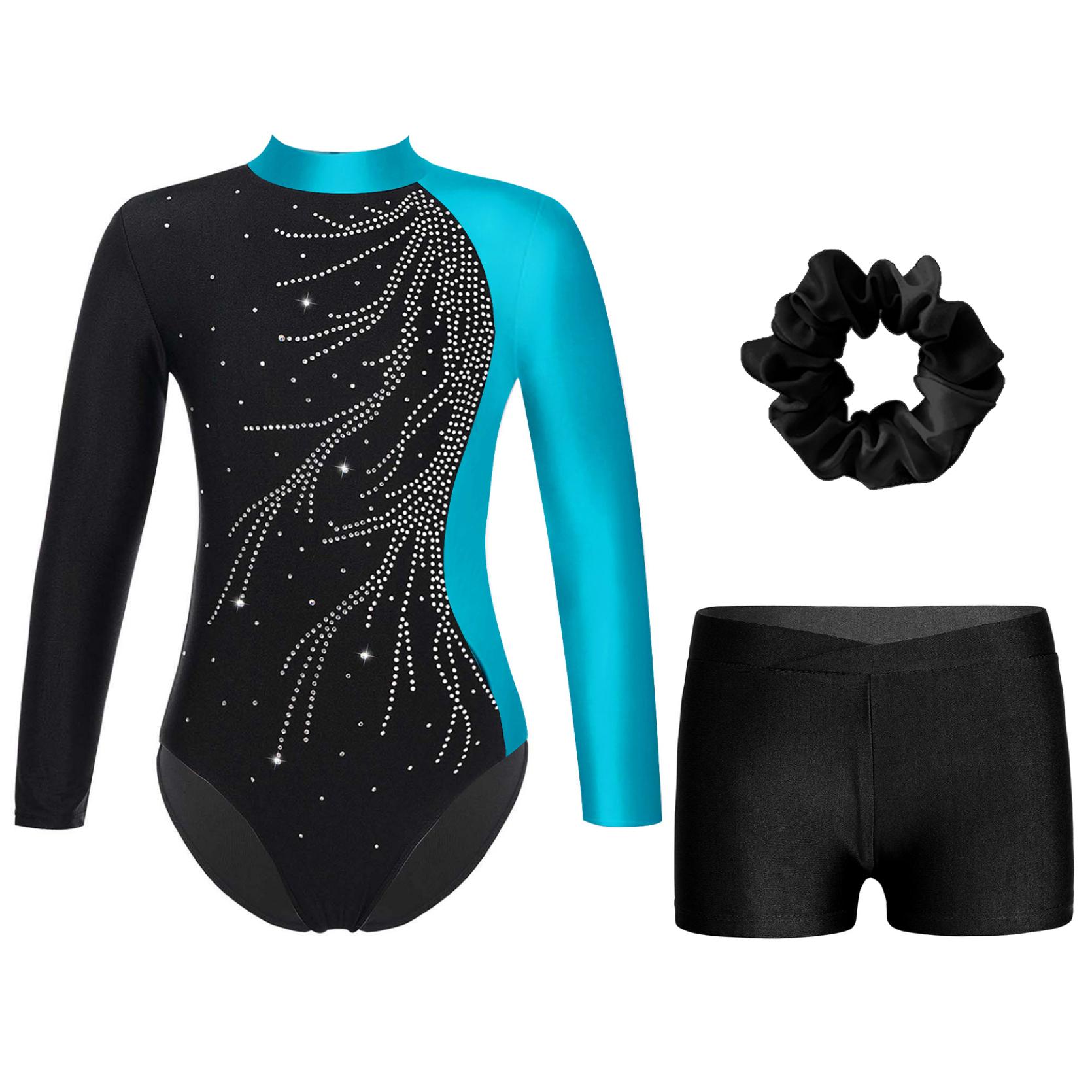 

Гімнастичне танцювальне спорядження для дітей, дівчаток, імітаційна шия, довгі рукави, блискучі стрази, прикрашені замковою щілиною, купальник на спині з V-подібним поясом, шорти, резинка для волосся 15-16 Years чорний/озеро синього кольору