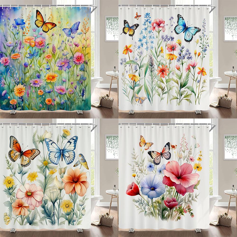 1 pack of print shower curtains Watercolor flowers, plants and butterflies bathroom curtain with hooks home decoration curtain