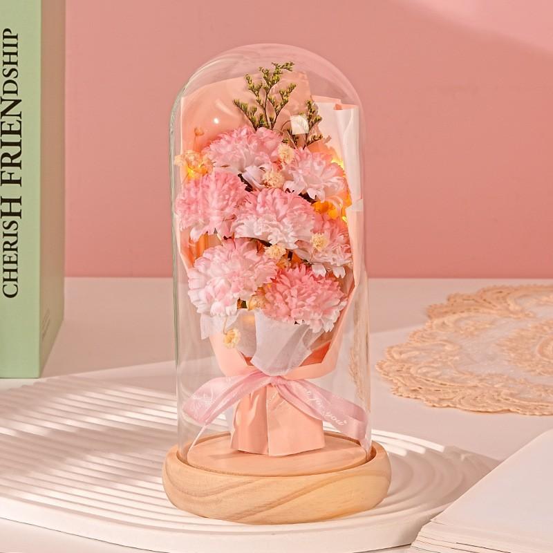 Soap Flower Carnation Glass Cover Bouquet Forever Bouquet Gypsy Dried Flowers Mother's Day Qixi Festival Valentine's Day Gift