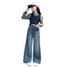 Herbst Tween Mädchen Dunkelblaue Jeans Faltbare Weitbein Denimhosen Kinder Kind Frühling Hohe Taille Jeans Hosen Alter 4 Bis 14 J