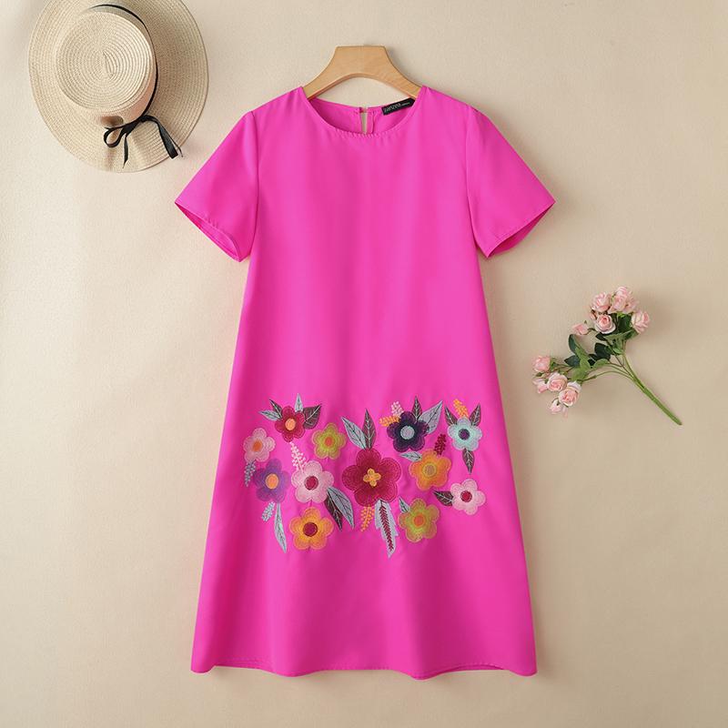 ZANZEA Women Casual Round Neck Short Sleeve Loose Floral Embroidery Dress