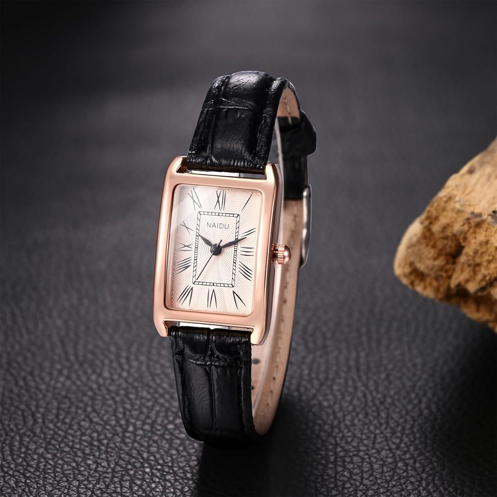 "Women's Square Dial Quartz Watch Waterproof Brown Strap Pink Case Simple Design"