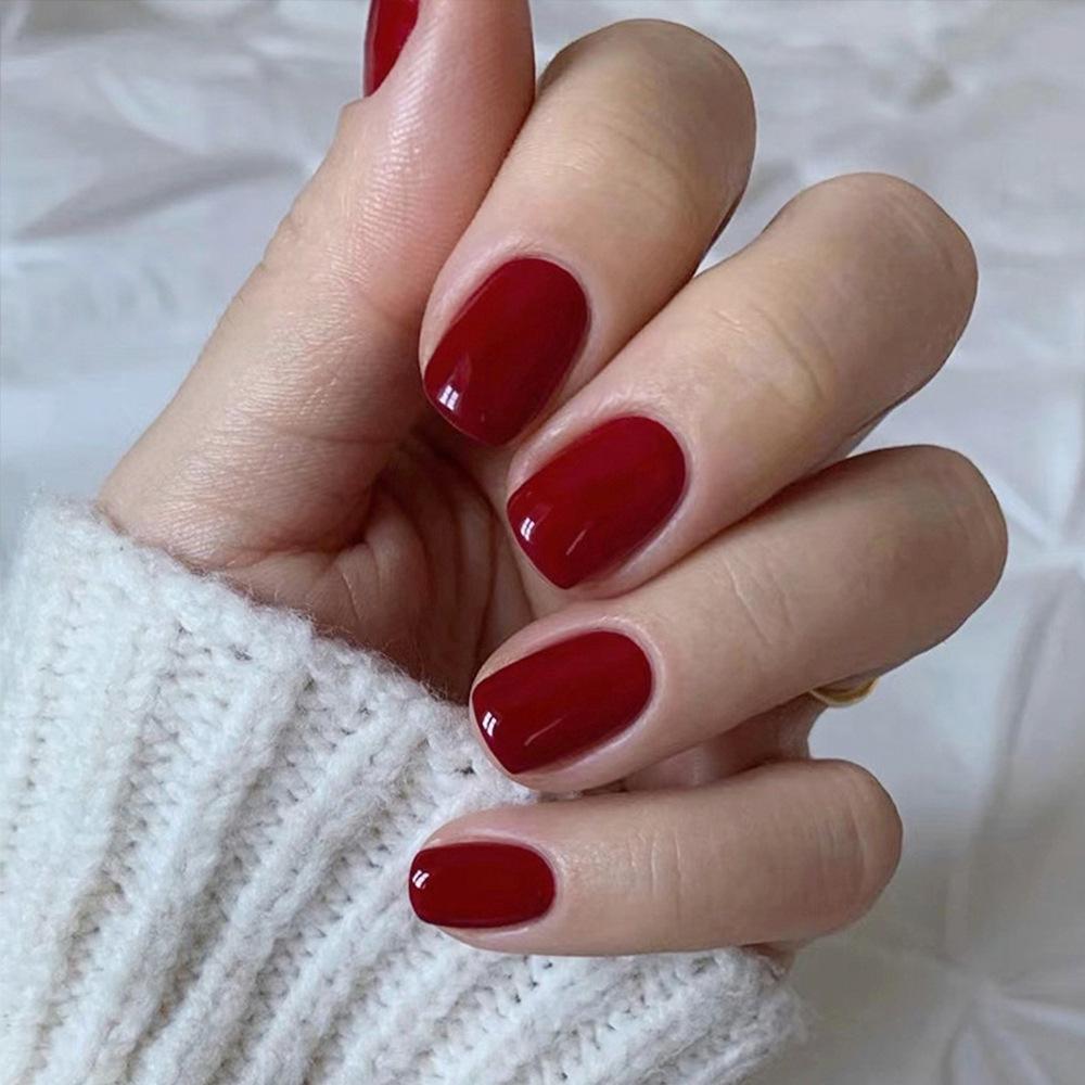 24Pcs Long Euro Square Acrylic Fake Nails Solid Burgundy Full Coverage Press On Removable False Nail Art